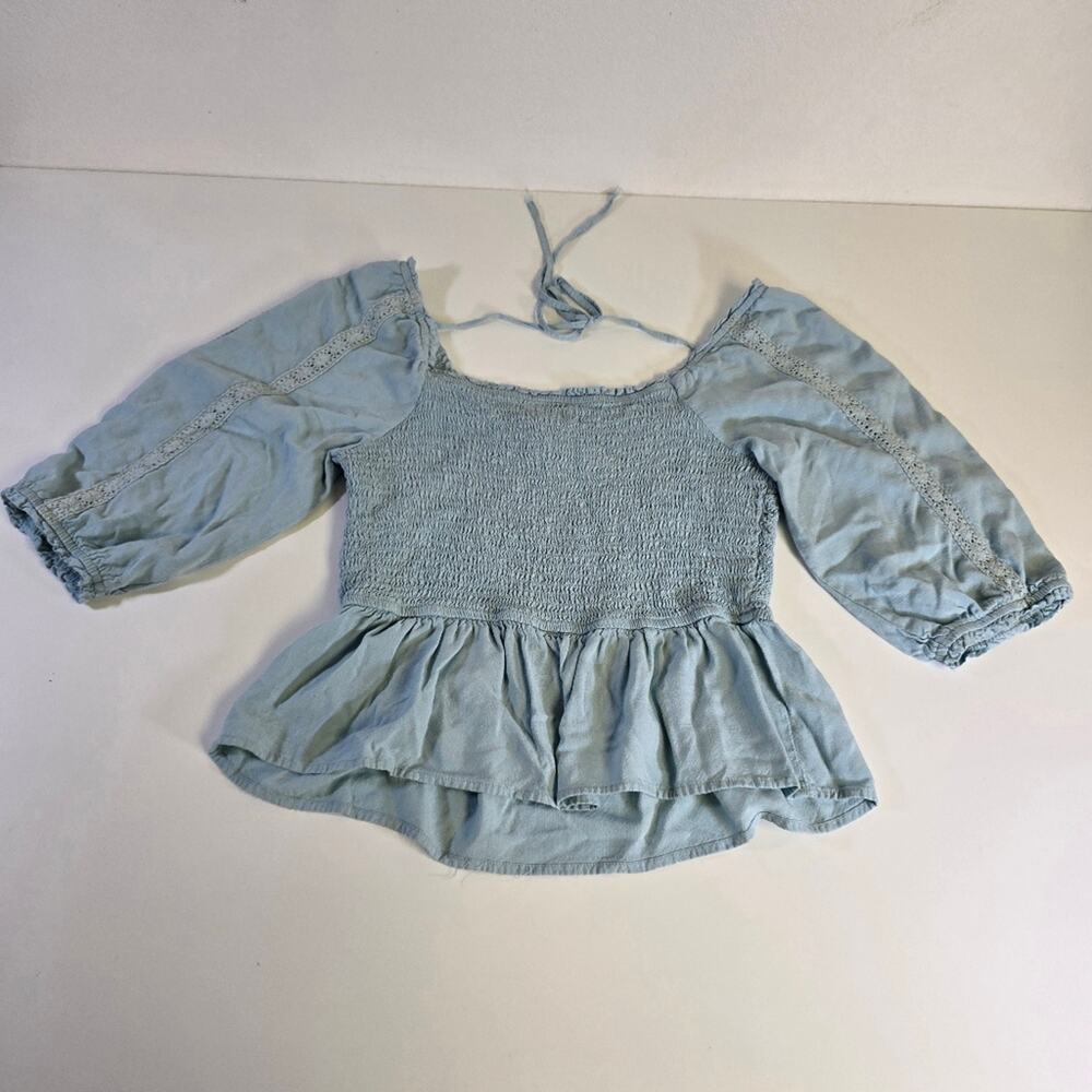 Japna Light Blue Lace Accents Balloon Sleeve Peplum Blouse size Medium - Picture 7 of 7